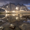 Canada, Alberta, Jasper NP, The Ramparts reflected in Amethyst Lake at sunrise